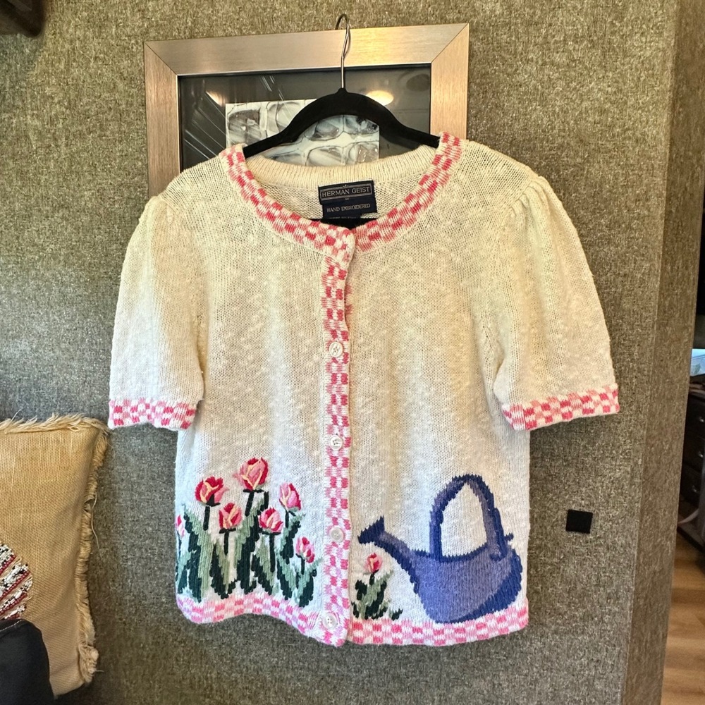 Herman Geist Vintage Hand Embroidered Tulip Watering Can Cardigan Sweater Cream
